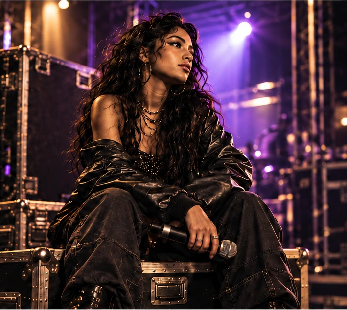 Fictional female artist seated on a road case backstage, in warm and purple stage lighting