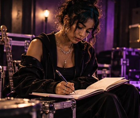 Fictional backstage artist writing in a notebook