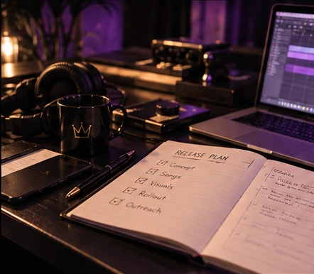 Music workspace with a notebook, headphones and laptop